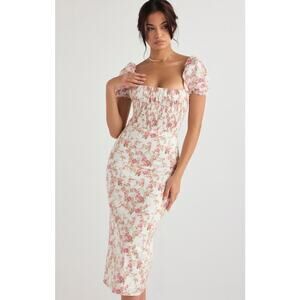 House of CB Bellucci Rose Print Shirred Cottagecore Floral Puff Sleeve Lace Midi
